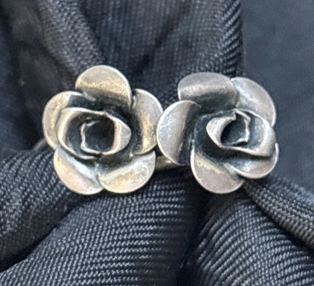 Artisan Sterling Silver 2 Flowers Ring Adjustable 925 Floral 3D Ring BOHO Art